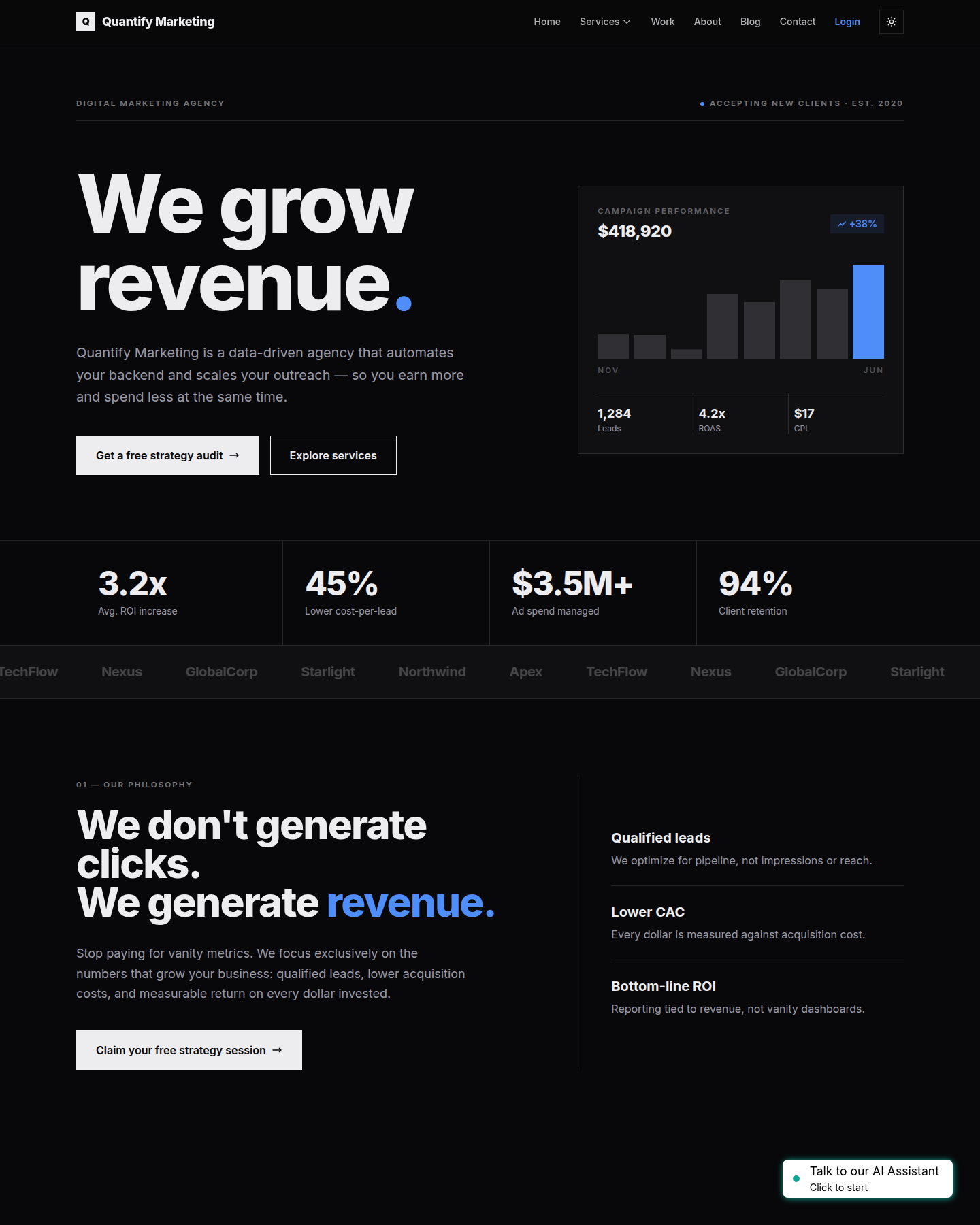 Quantify Marketing website showing its revenue-focused digital agency positioning