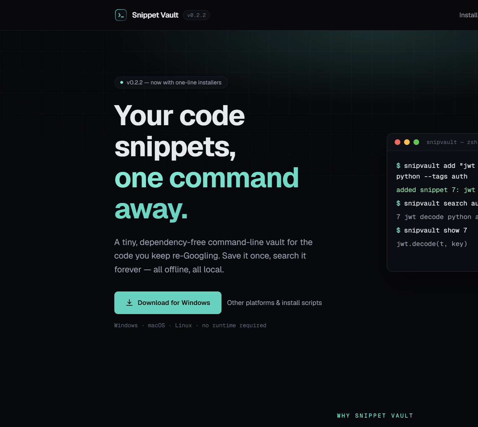 SnipVault website showing its local-first code snippet workflow
