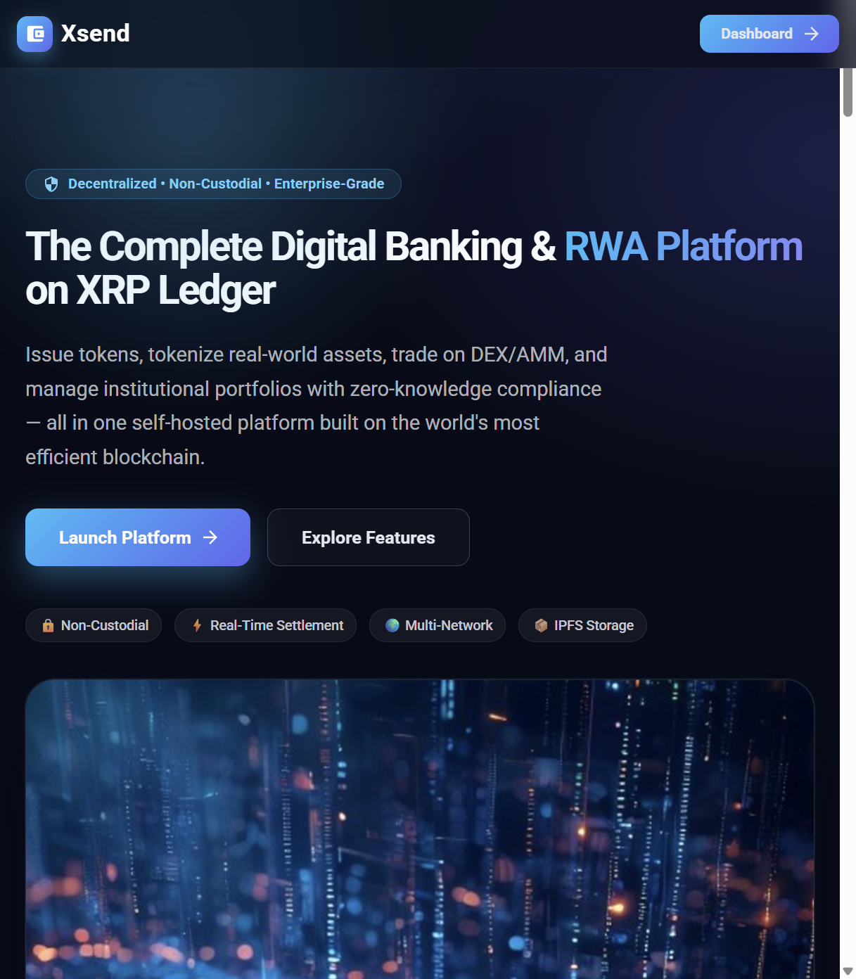 Xsend landing page for digital banking and RWA tokenization on XRP Ledger